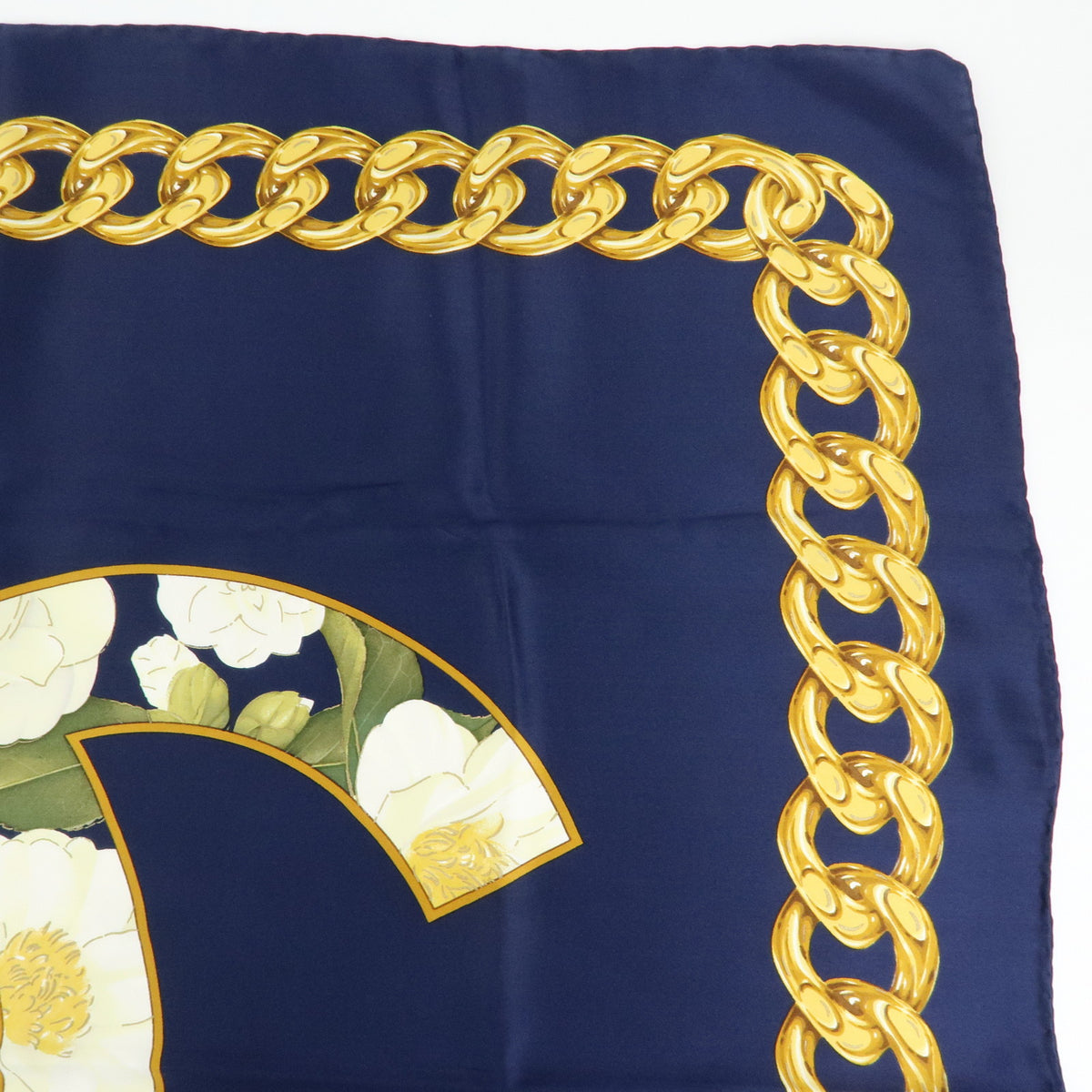 CHANEL COCO Mark Silk 100% Scarf Navy Yellow White