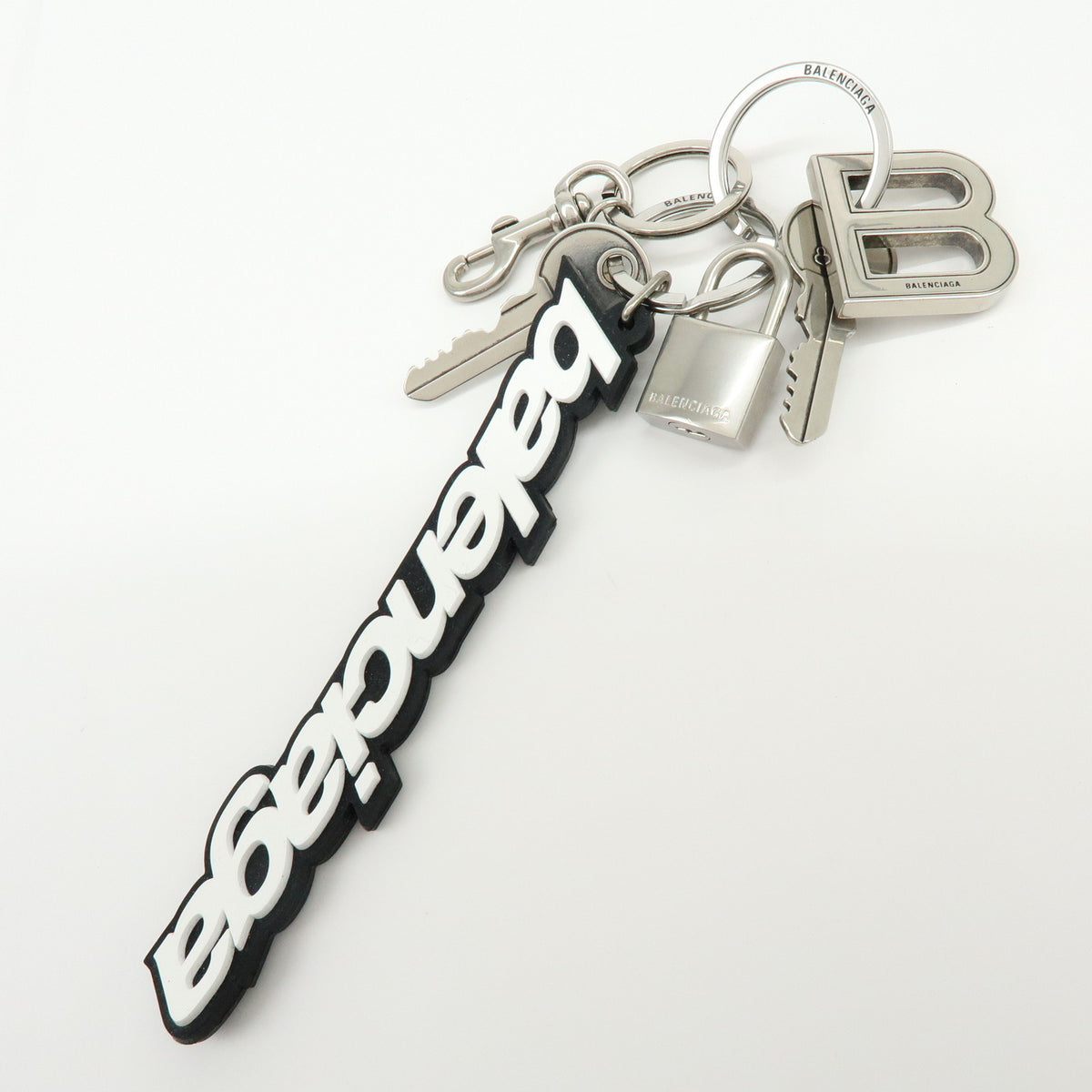 BALENCIAGA Kit Rubber Brass Bag Charm Key Chain Black White