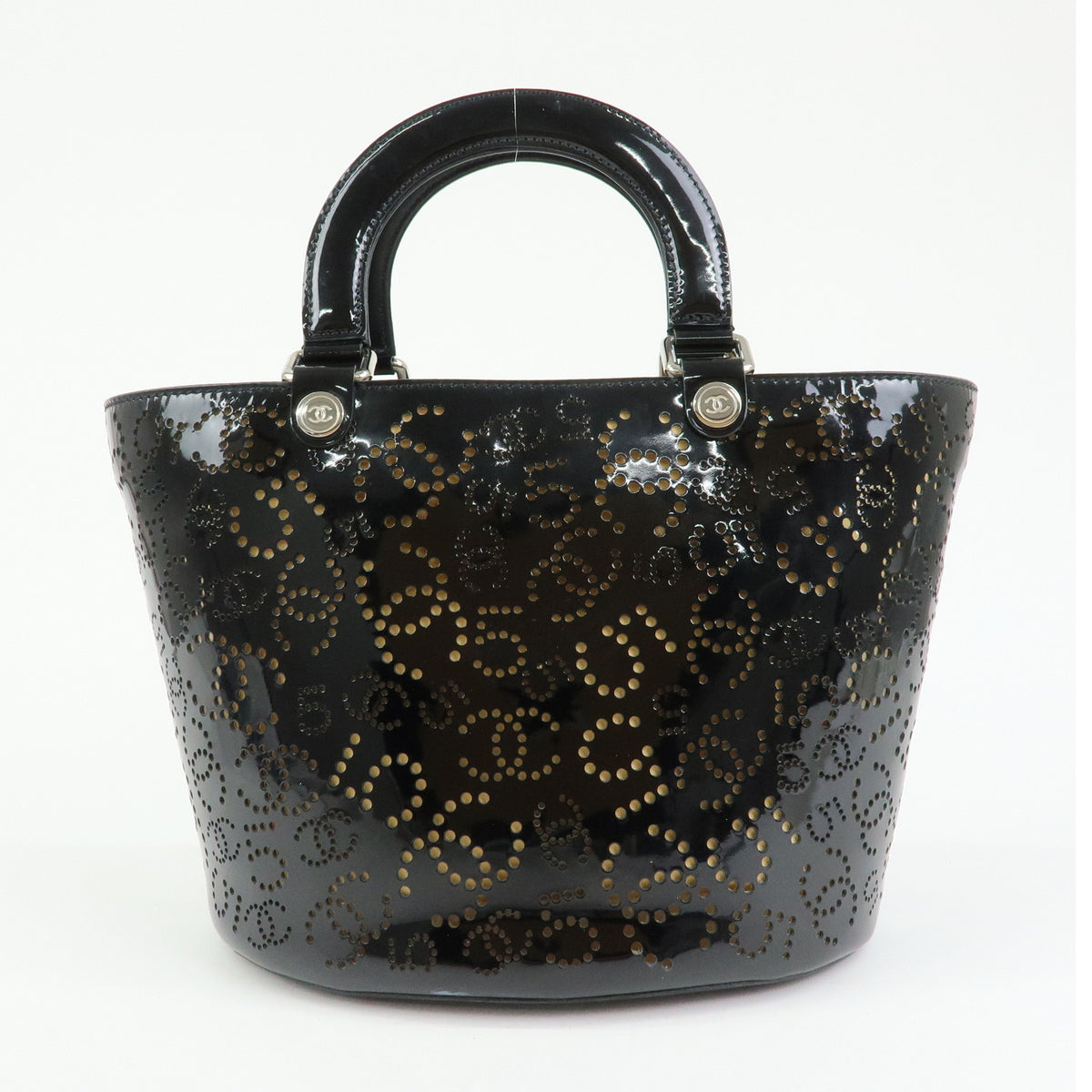 CHANEL COCO Mark Patent Leather Perforated Punching Hand Tote Bag Black