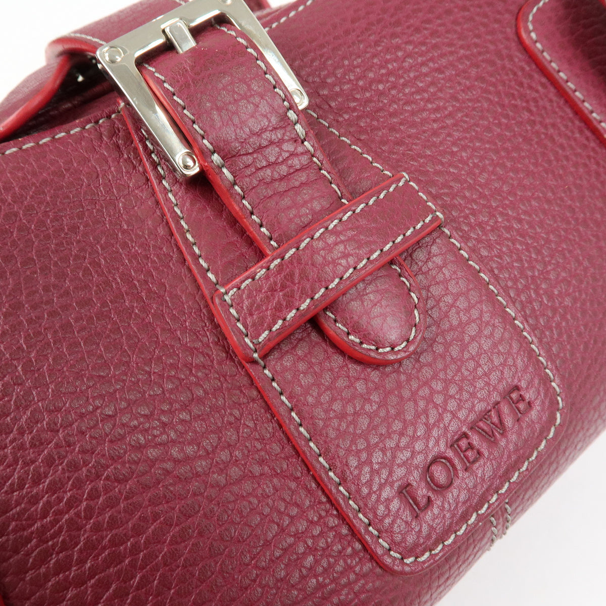 LOEWE Senda Leather Boston Bag Hand Bag Buckle Design Bordeaux