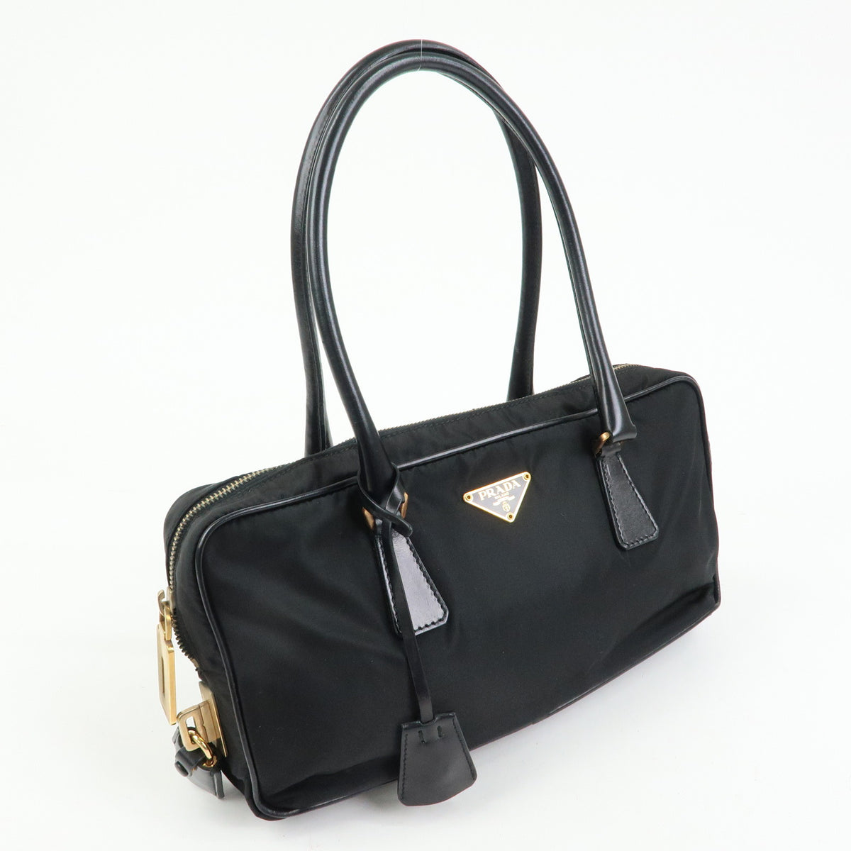 PRADA Triangle Log Nylon Leather Shoulder Bag Hand Bag Black