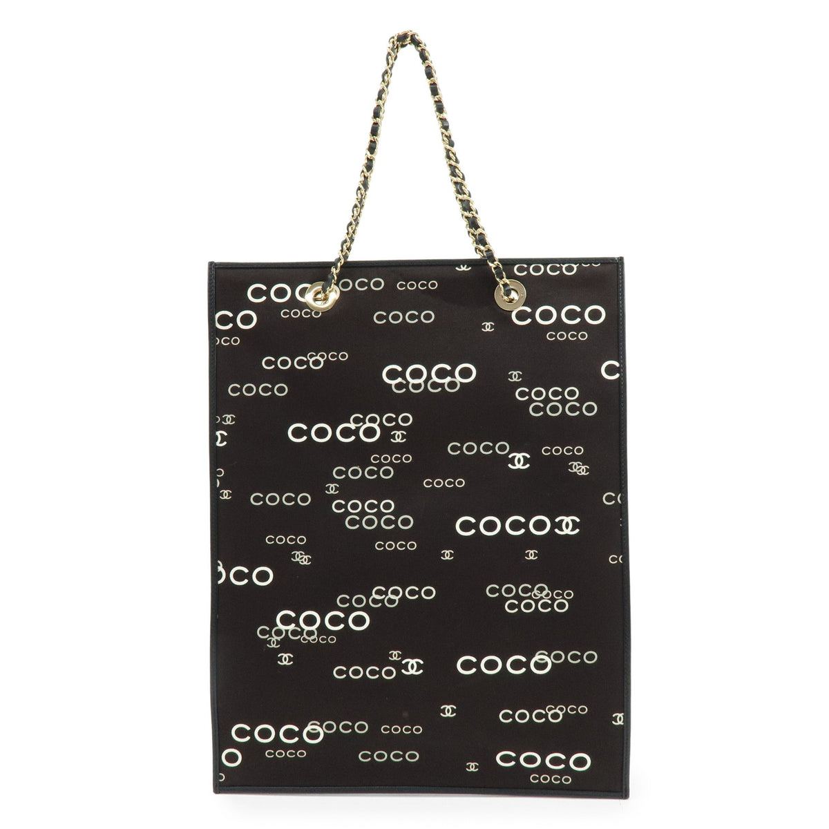 CHANEL COCO Mark Flat Shopper Canvas Leather Chain Tote Bag Black White