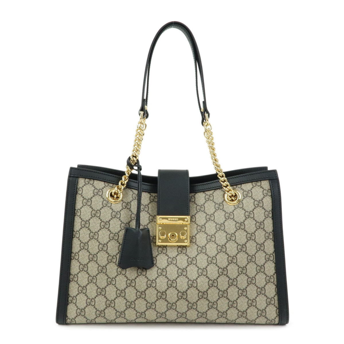 GUCCI Padlock GG Supreme Leather Chain Shoulder Bag Beige Black 479197