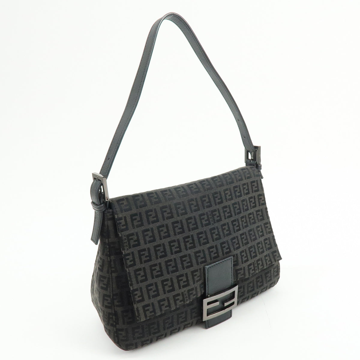 FENDI Mamma Baguette Zucchino Canvas Leather Shoulder Bag Black 8BR001