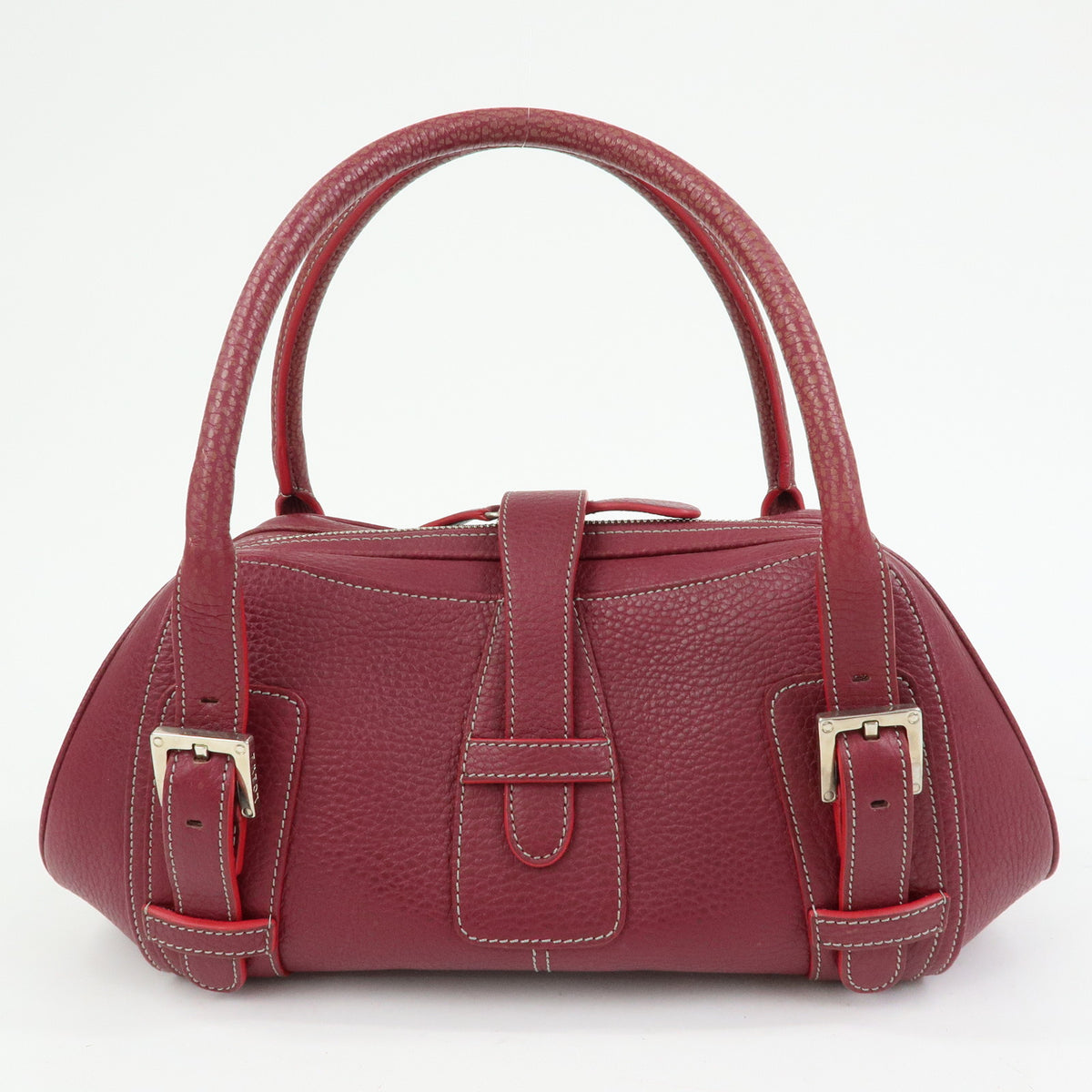 LOEWE Senda Leather Boston Bag Hand Bag Buckle Design Bordeaux