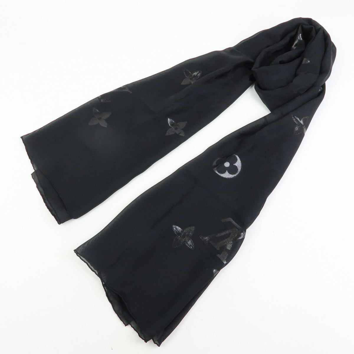 Louis Vuitton Monogram Silk Nylon Scarf Shawl Black