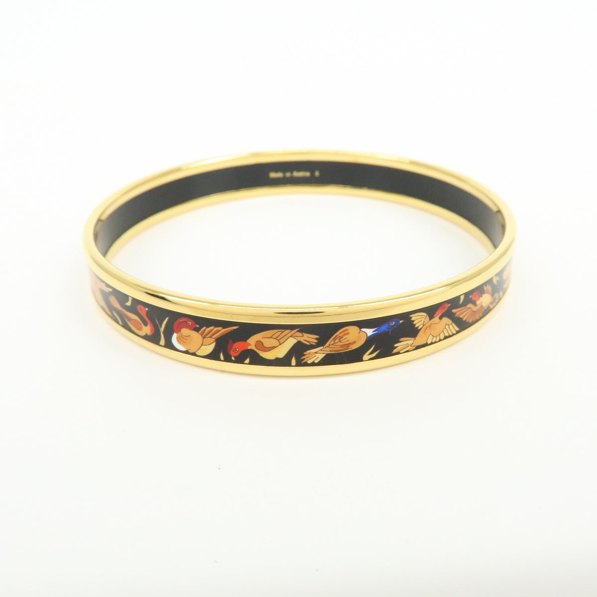 HERMES Email PM Metal Bracelet Bangle Birds Motif Black Gold