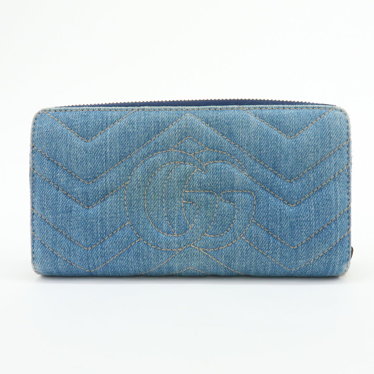 GUCCI GG Marmont Double G Denim Leather Round Zippy Wallet Blue 443123