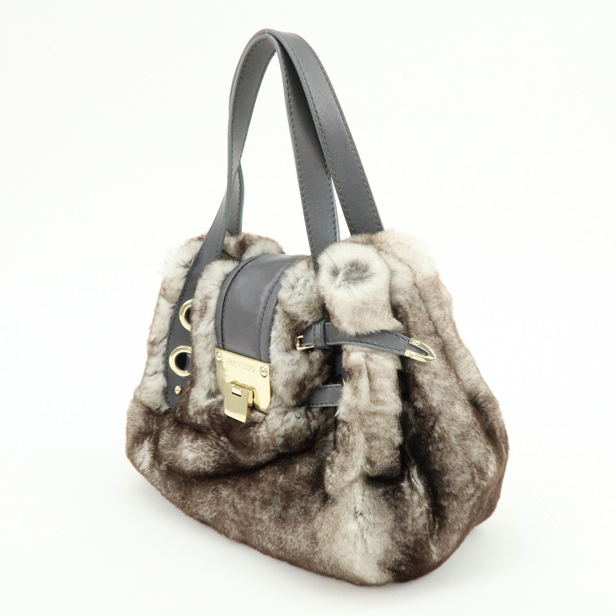 JIMMY CHOO Lapin Rabbit Fur Leather Hand Bag Tote Bag Brown Gray