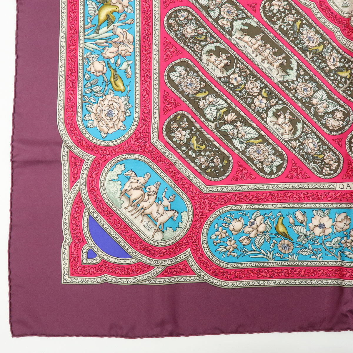 HERMES Carre 90 Silk 100% Scarf QALAMDAN Purple Brown Blue
