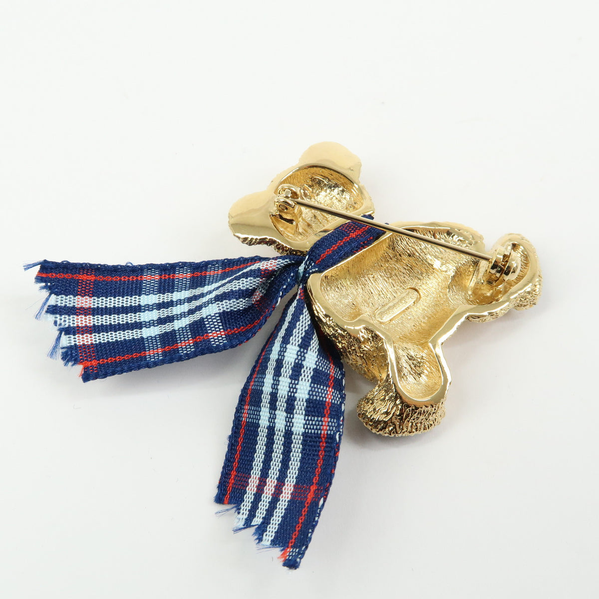 BURBERRY Teddy Bear With Plaid Ribbon Metal Pin Brooch Gold