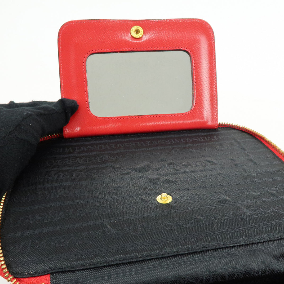 GIANNI VERSACE Leather Hand Bag Vanity Case Sunburst Charm Red