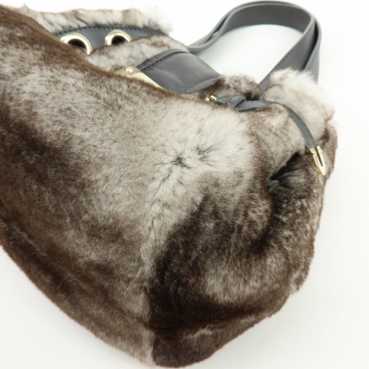 JIMMY CHOO Lapin Rabbit Fur Leather Hand Bag Tote Bag Brown Gray