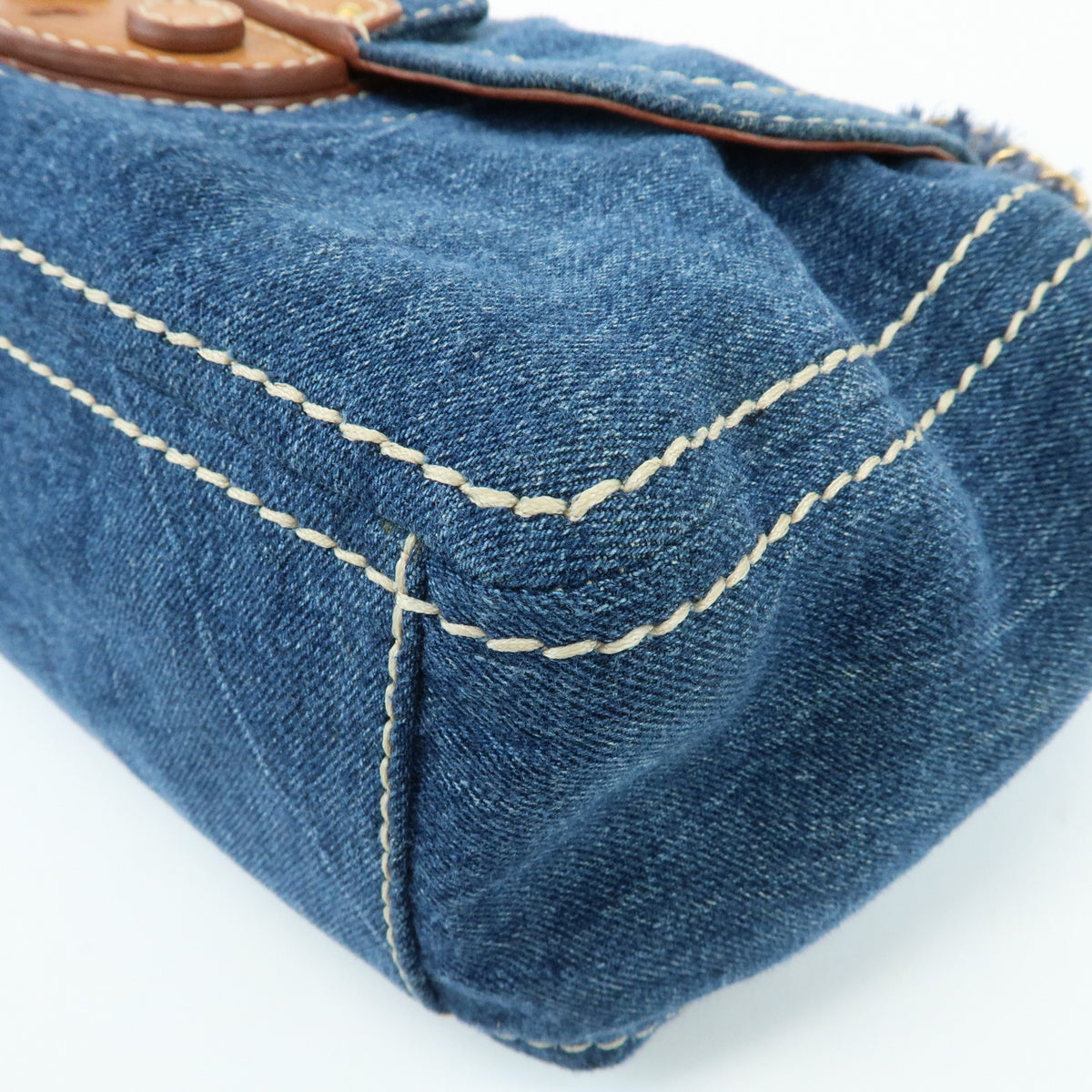 PRADA Front Flap Denim Leather Chain Shoulder Bag Blue Camel BR4659