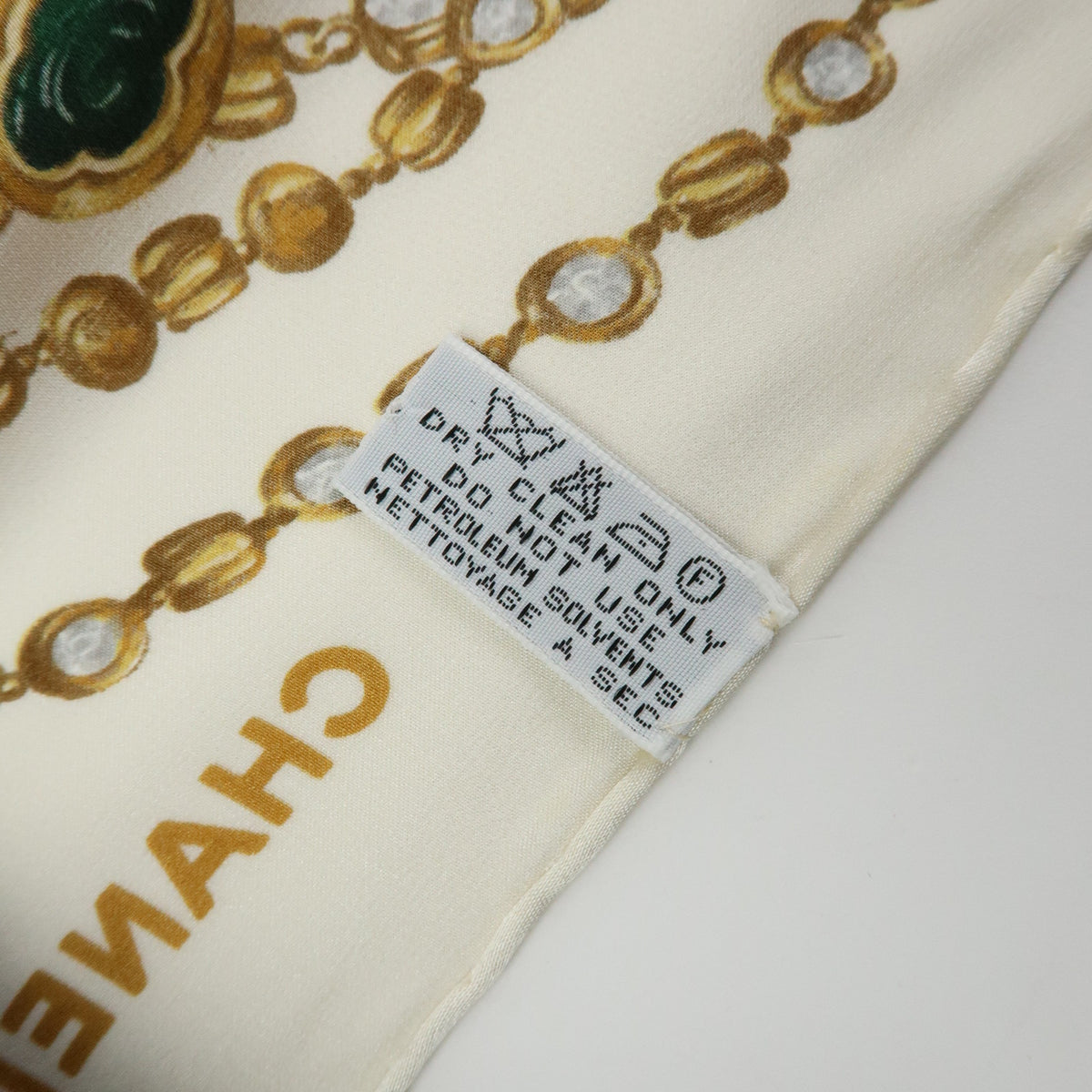 CHANEL Silk 100% Scarf Chain Print White Yellow