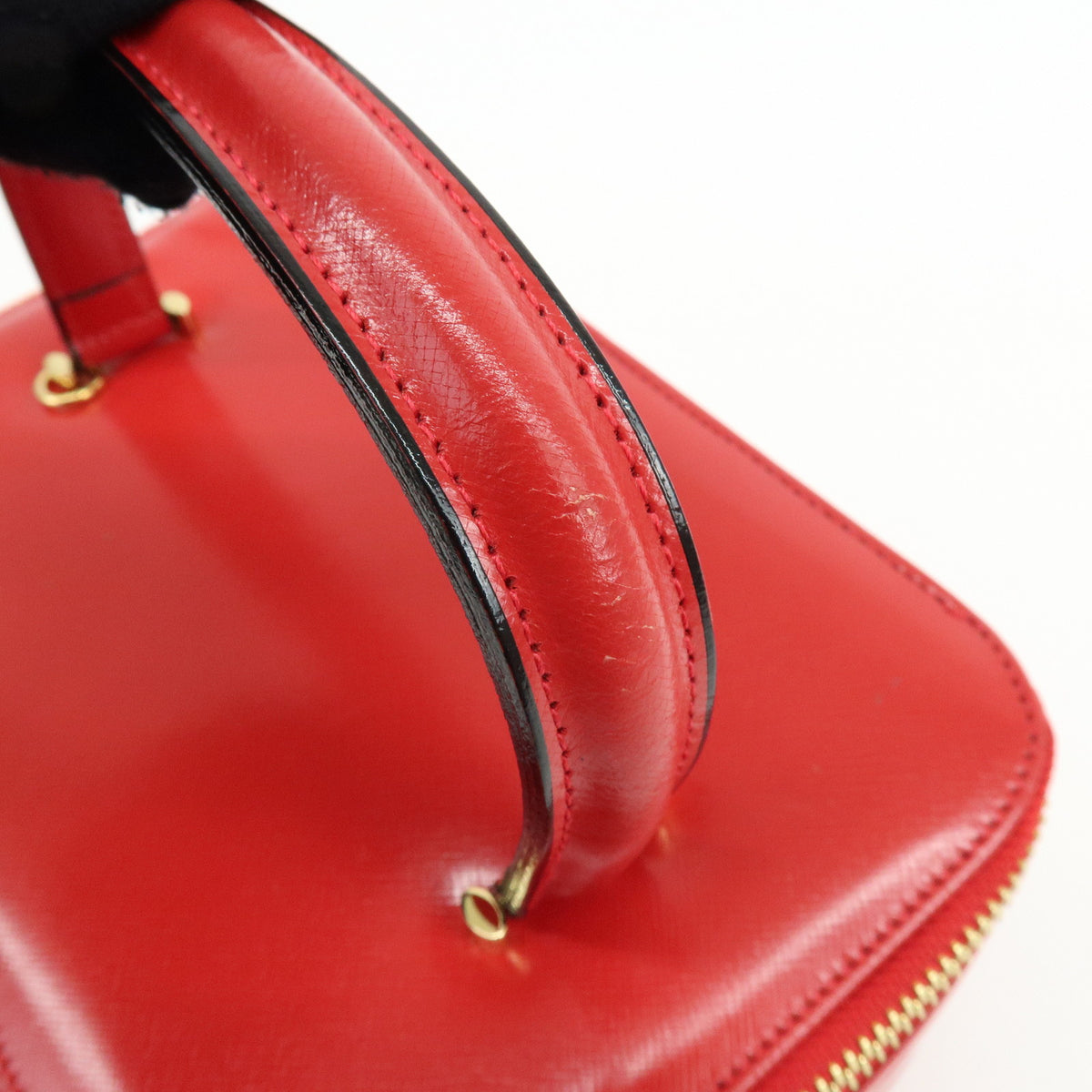GIANNI VERSACE Leather Hand Bag Vanity Case Sunburst Charm Red