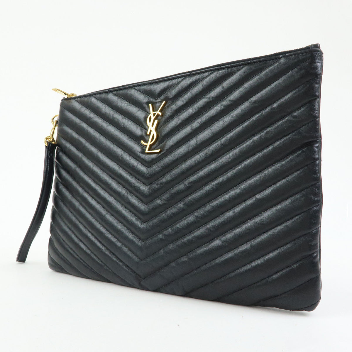 SAINT LAURENT PARIS V Stitch Leather Clutch Bag Flat Pouch Black