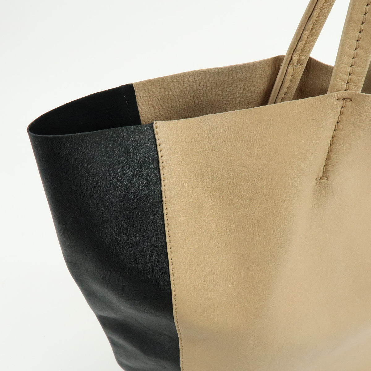 CELINE Horizontal Cabas Leather Tote Bag Hand Bag Beige Black