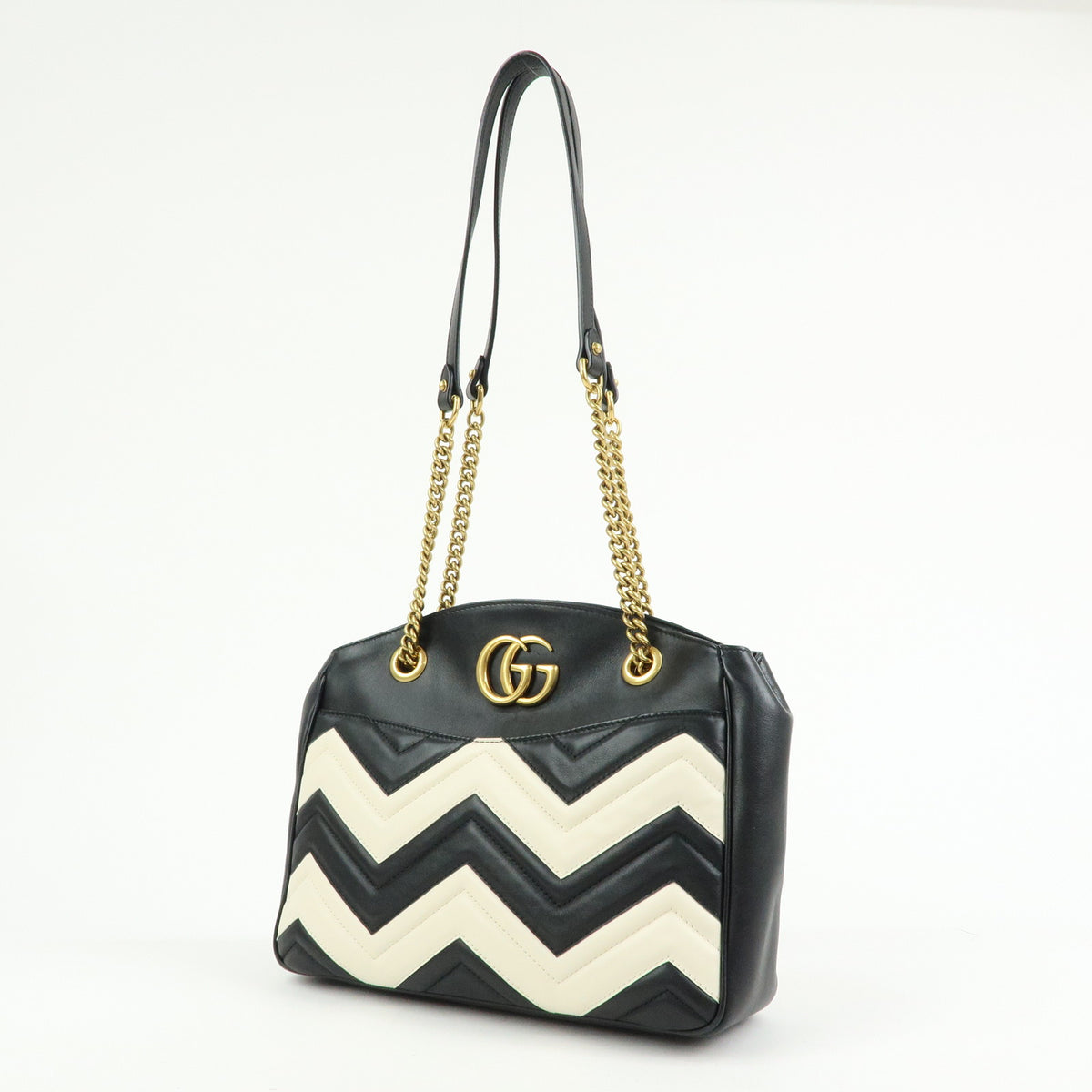 GUCCI GG Marmont Double G Leather Chain Shoulder Bag Black White 443501