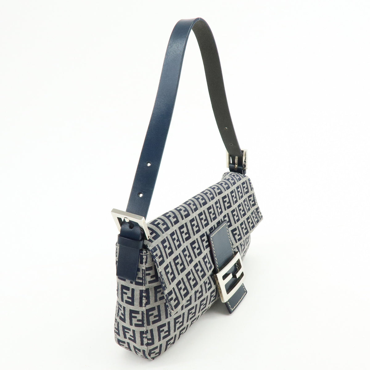 FENDI Mamma Baguette Zucchino Canvas Leather Shoulder Bag Navy 26424