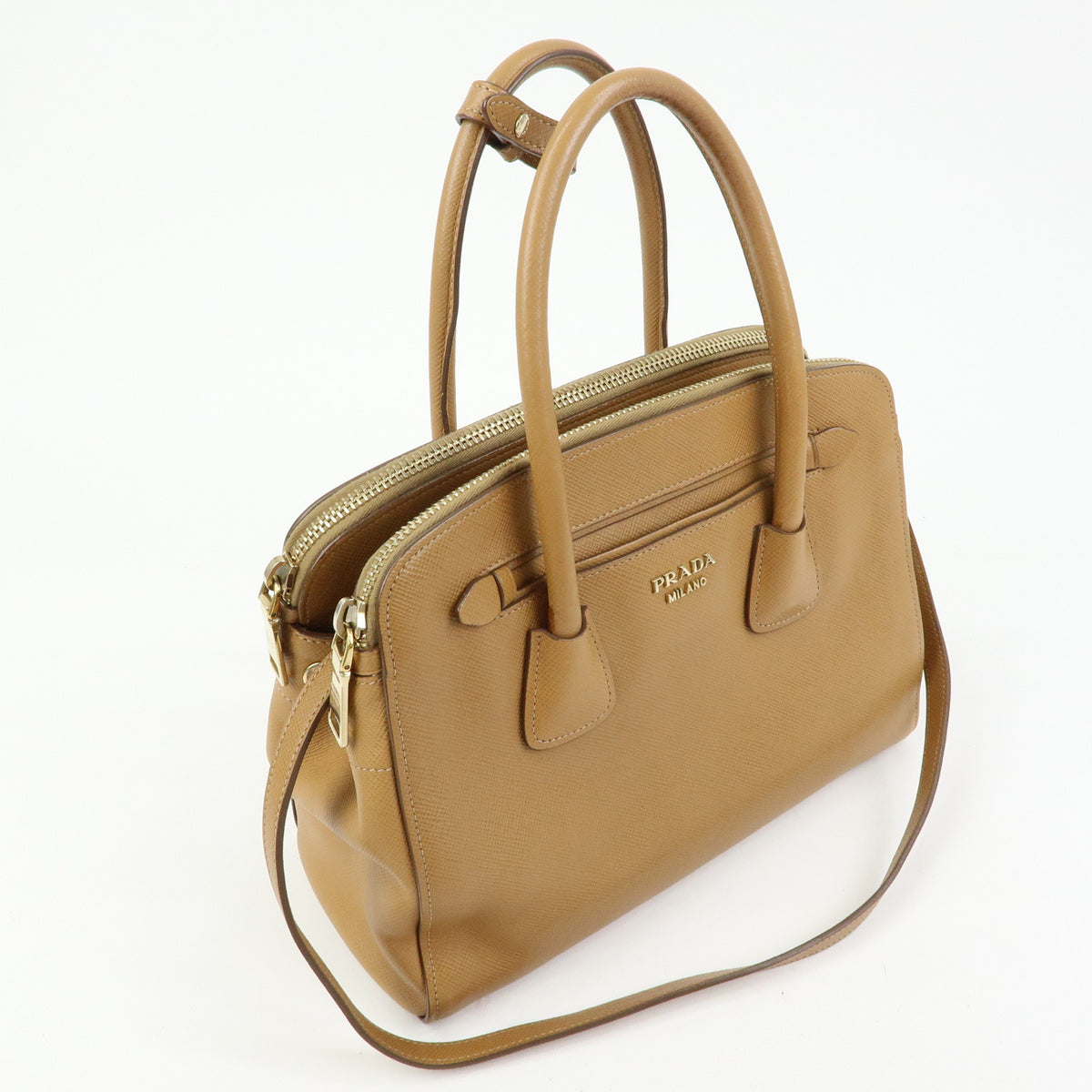 PRADA Logo Saffiano Leather 2Way Bag Hand Bag Shoulder Bag Camel BN2569