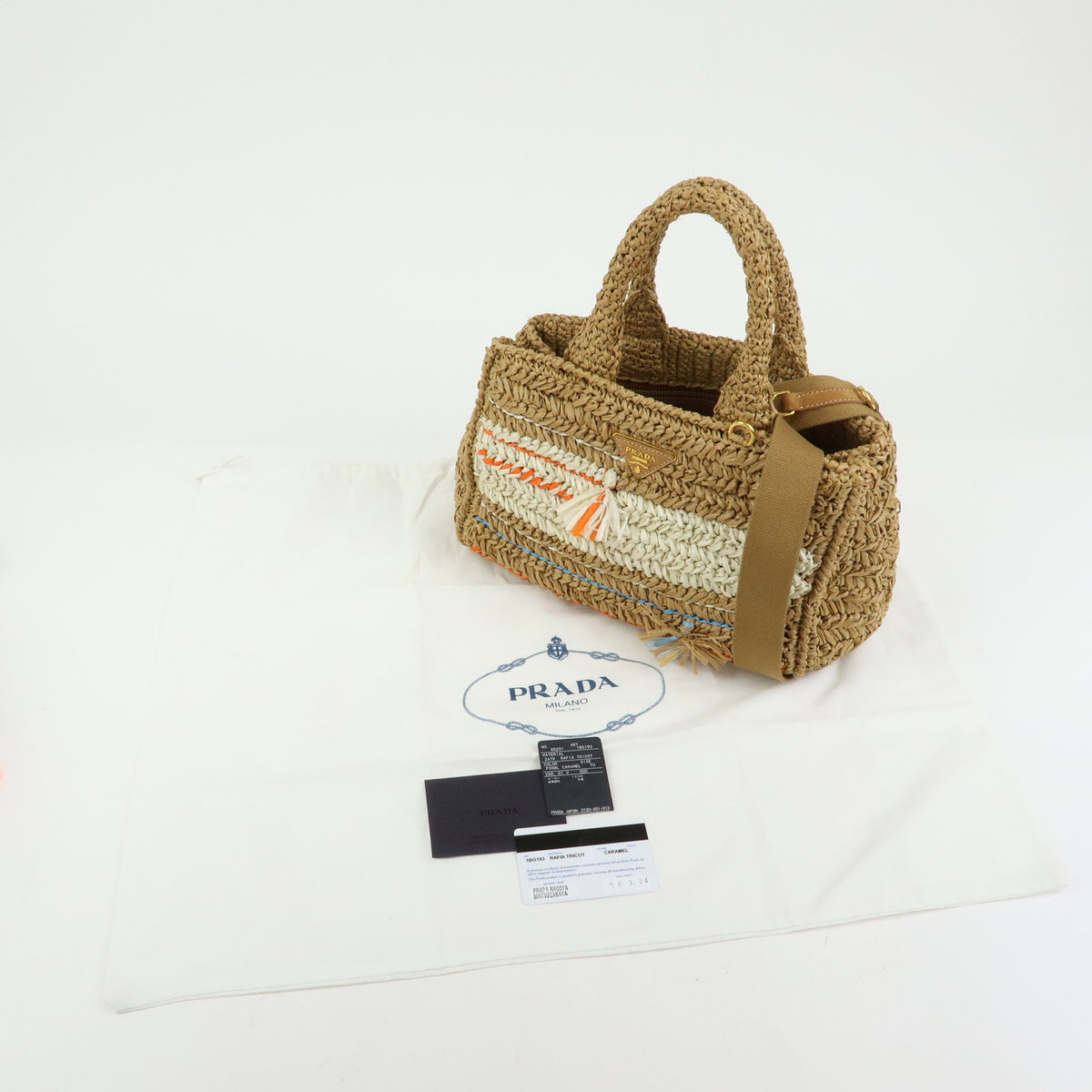 PRADA Canapa Triangle Logo Tricot Raffia 2Way Bag Camel Orange 1BG153