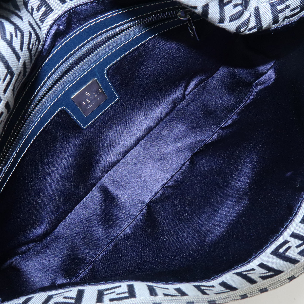 FENDI Mamma Baguette Zucchino Canvas Leather Shoulder Bag Navy 26424