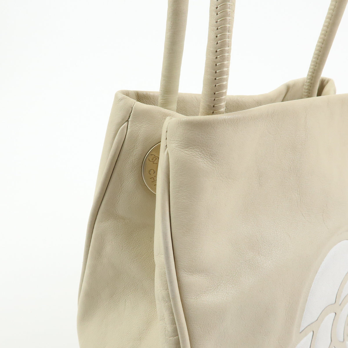 CHANEL Logo Camellia Leather Tote Bag Shoulder Bag Beige A20856