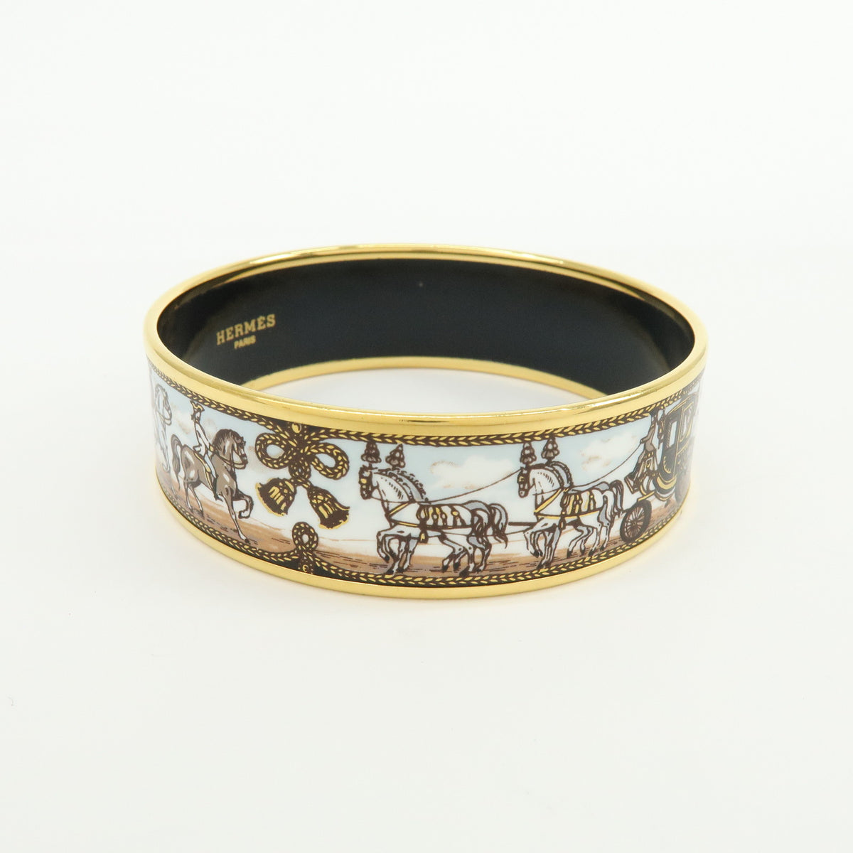 HERMES Email GM Gold Plated Bangle Bracelet Carriage Light Blue White