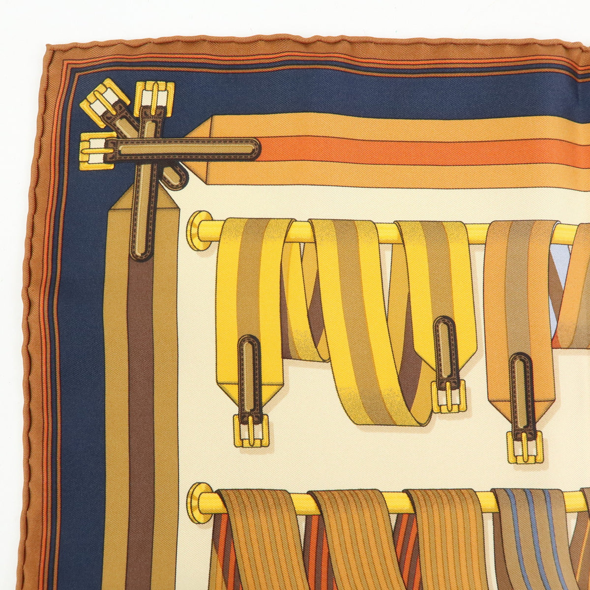 HERMES Carre 42 Silk 100% Scarf LES SANGLES Orange Brown Yellow