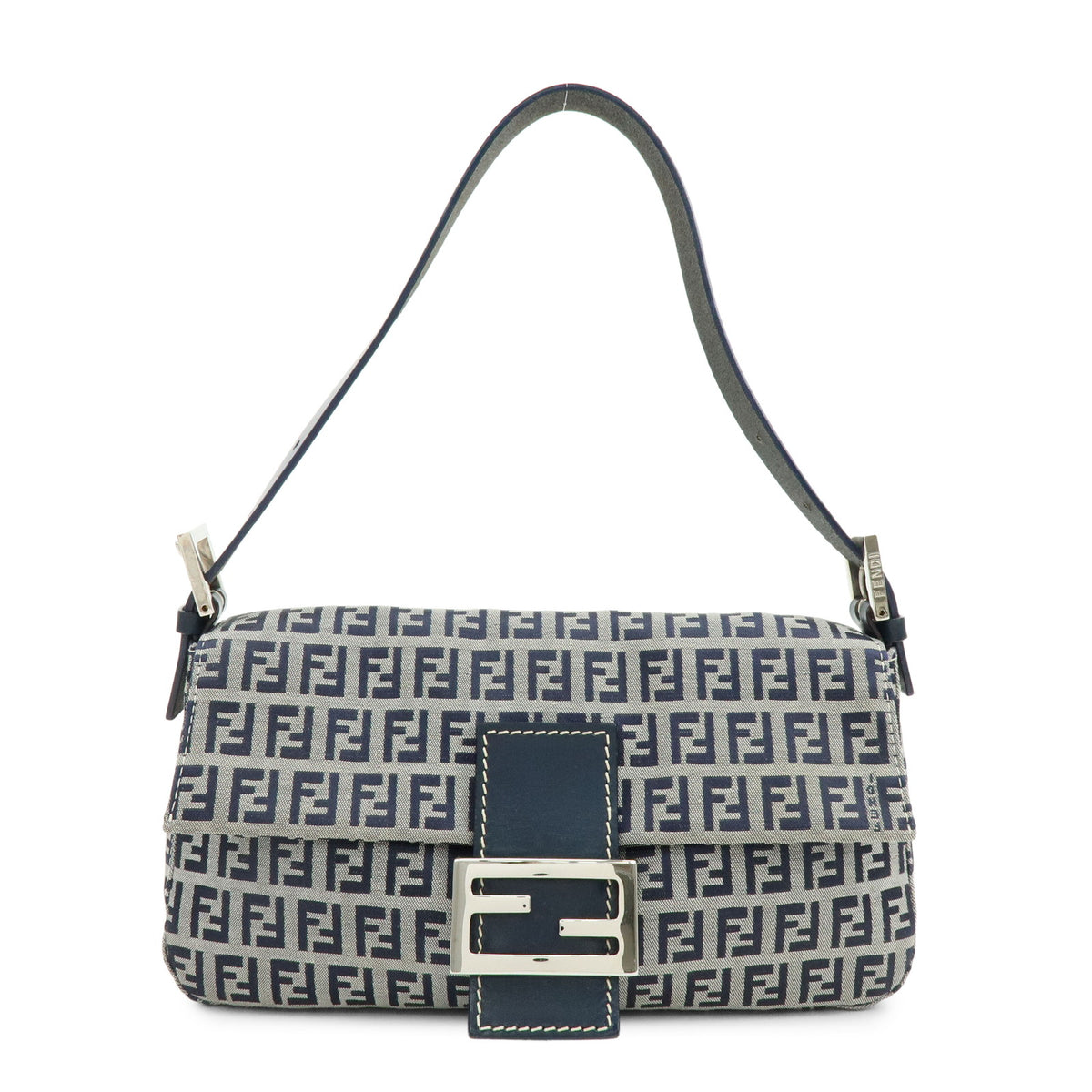 FENDI Mamma Baguette Zucchino Canvas Leather Shoulder Bag Navy 26424