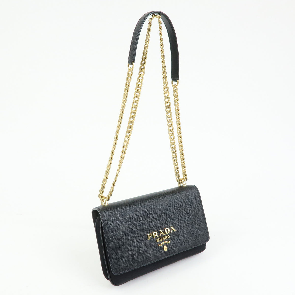 PRADA Logo Saffiano Nylon Leather Chain Shoulder Crossbody Bag Black