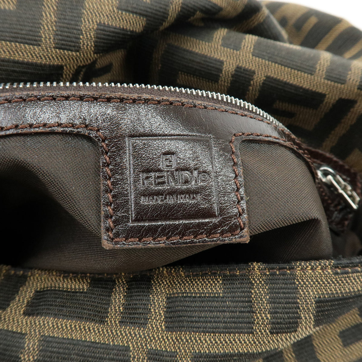 FENDI Mamma Baguette Zucca Canvas Leather Shoulder Bag Brown 26325