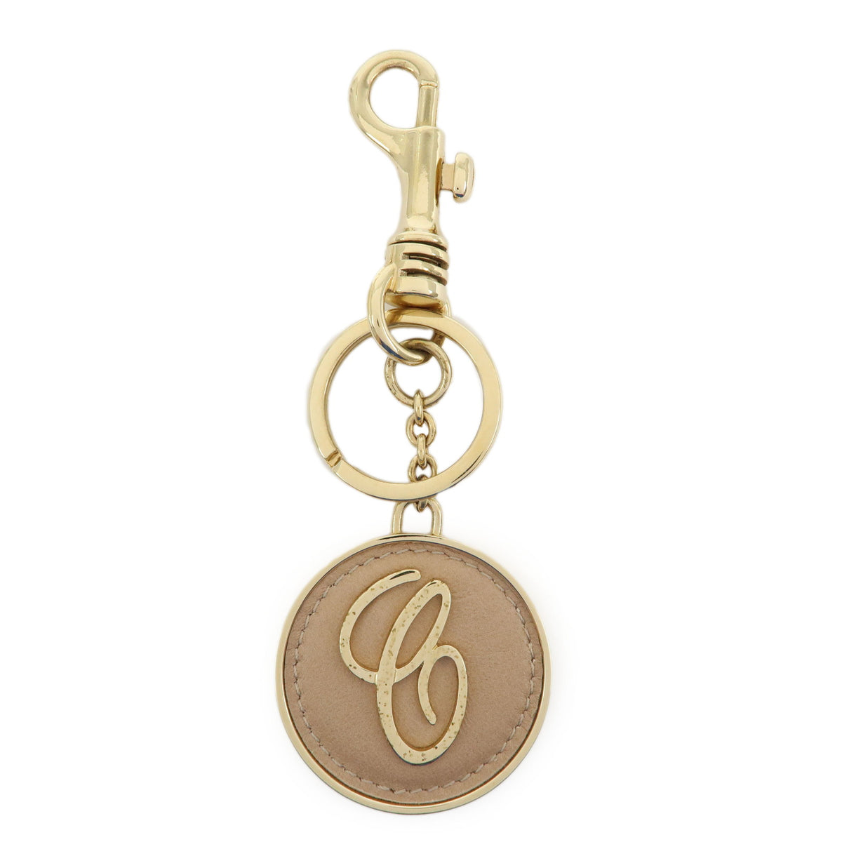 Chloe Logo Metal Leather Bag Charm Key Charm Key Chain Gold Beige
