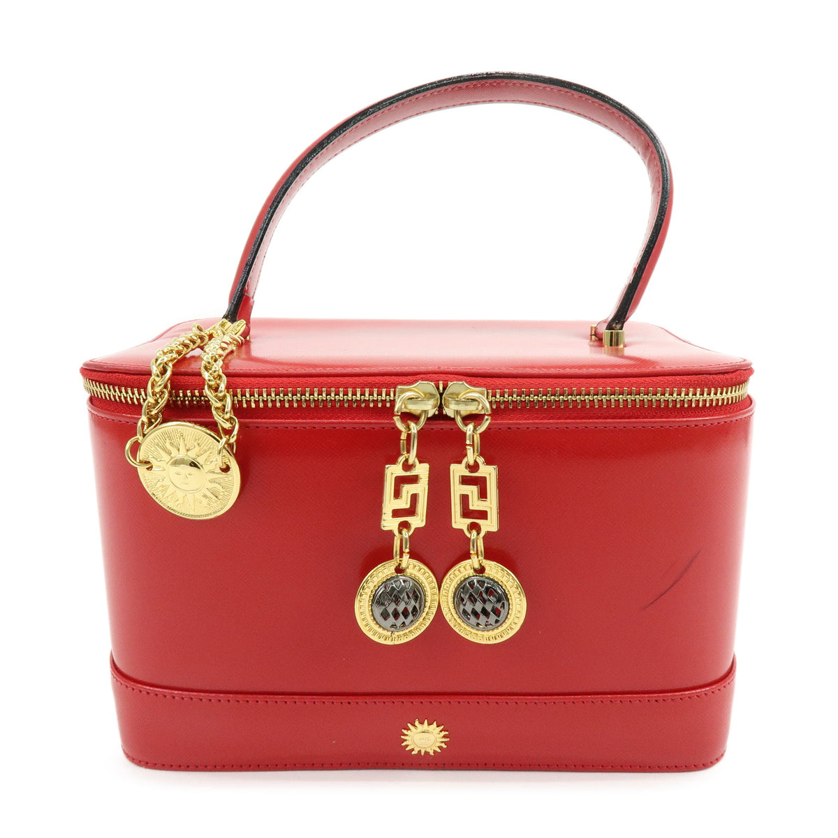 GIANNI VERSACE Leather Hand Bag Vanity Case Sunburst Charm Red
