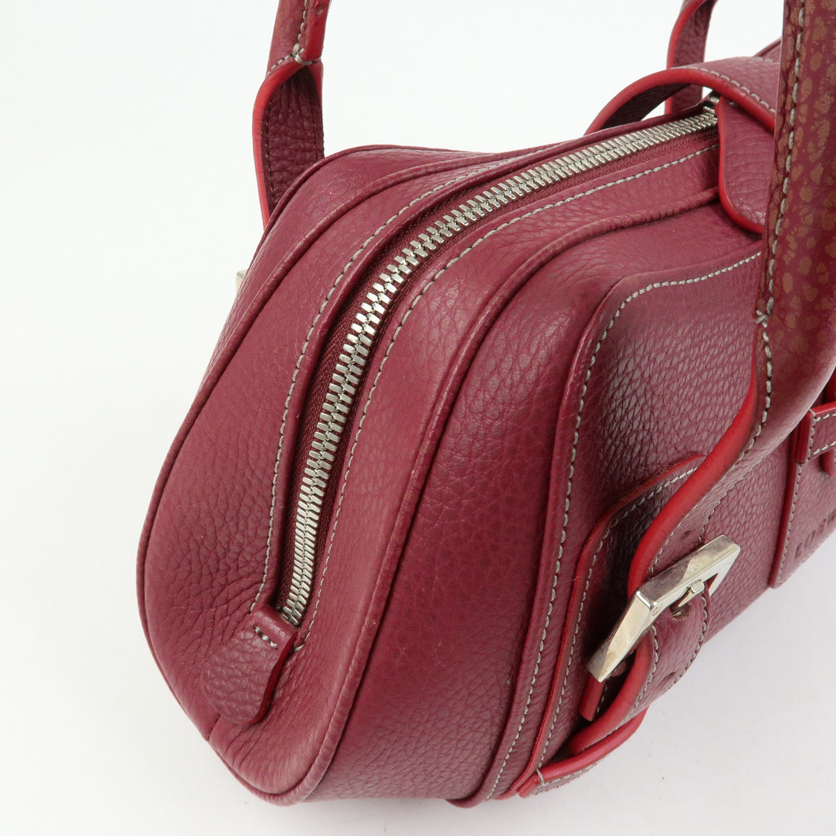 LOEWE Senda Leather Boston Bag Hand Bag Buckle Design Bordeaux