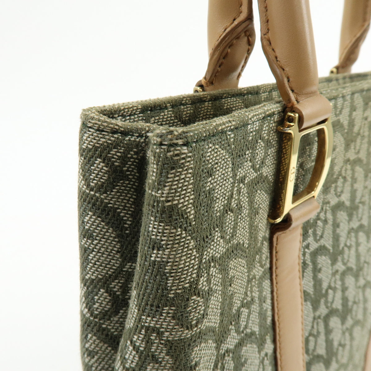 Christian Dior Trotter Jacquard Canvas Leather Hand Bag Tote Bag Green