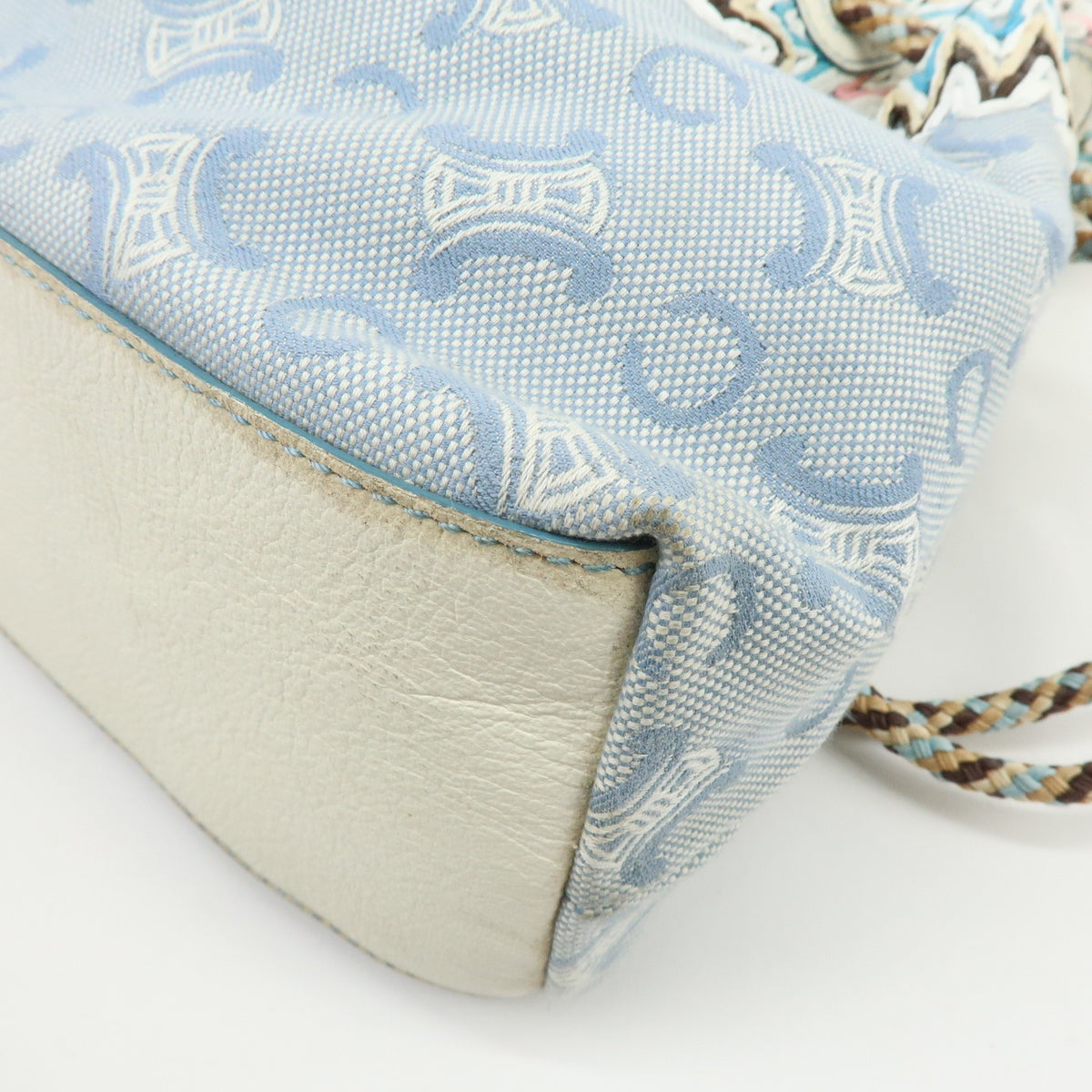CELINE Macadam Canvas Leather Raffia Hand Bag Light Blue White