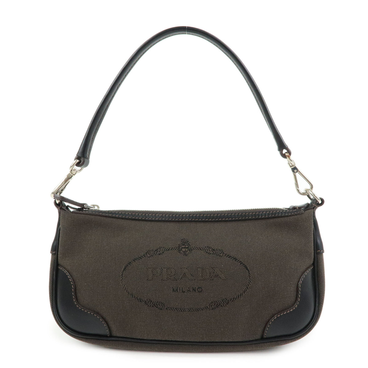 PRADA Logo Jacquard Leather Shoulder Bag Hand Bag Dark Brown