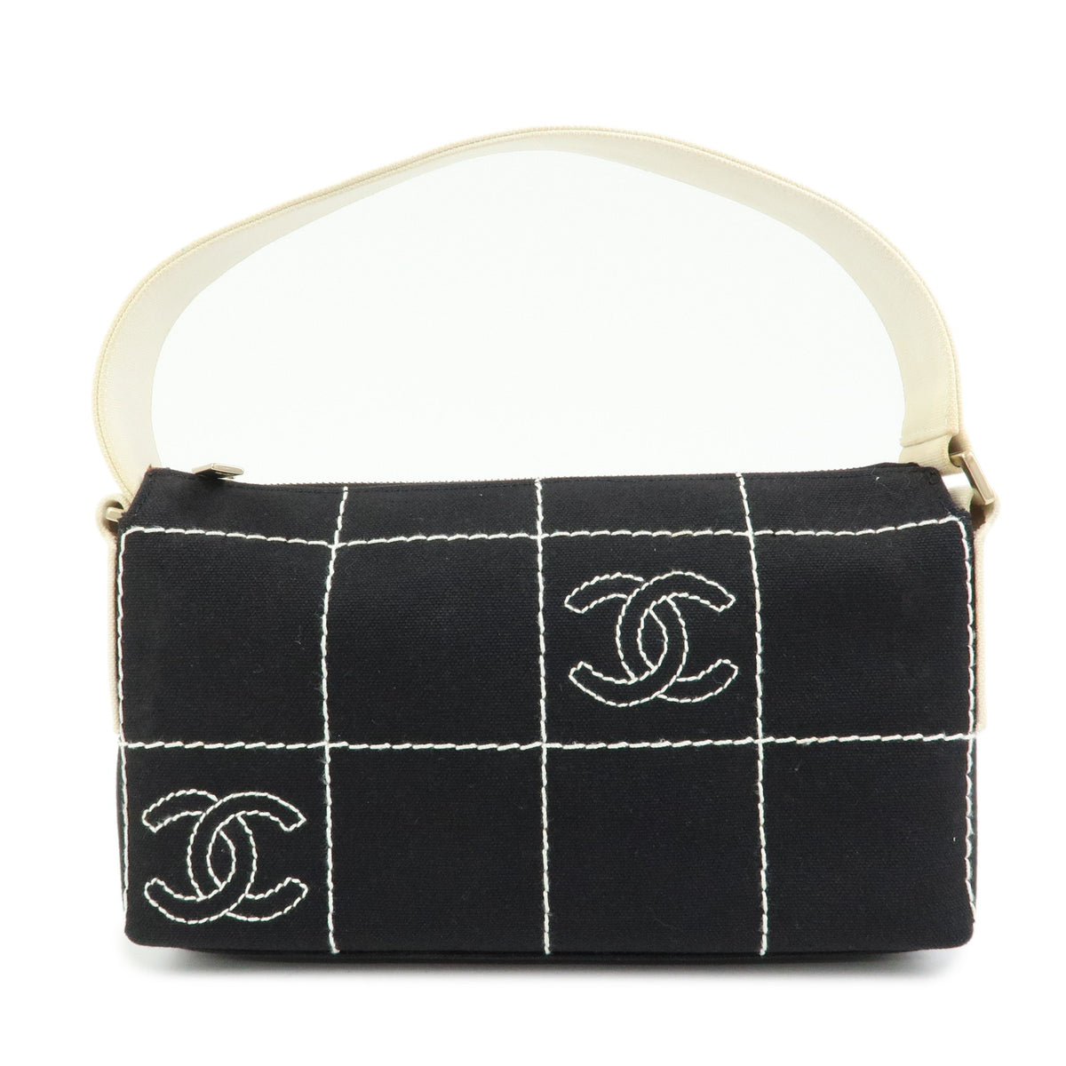 CHANEL Chocolate Bar COCO Mark Canvas Shoulder Bag Hand Bag Black White