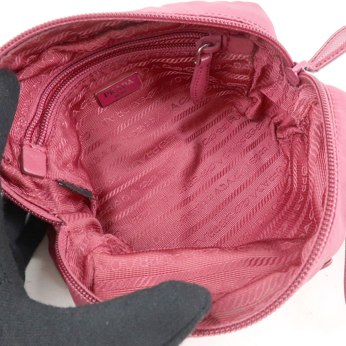 PRADA Triangle Logo Nylon Saffiano Leather Cosmetic Pouch Pink 1N0340