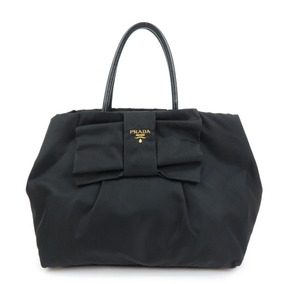 PRADA Nylon Leather Ribbon Hand Bag Tote Bag Black BN1601