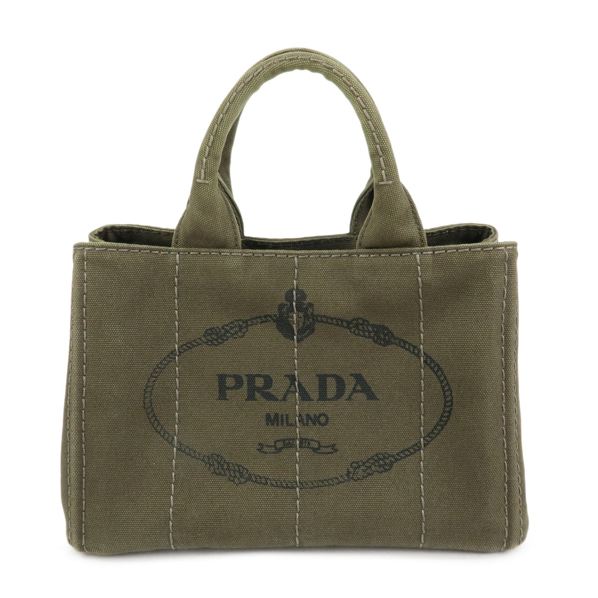 PRADA Triangle Logo Canapa Mini Canvas Tote Bag Hand Bag Khaki BN2439