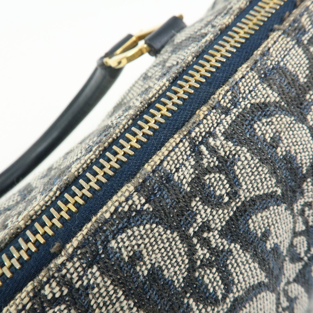 Christian Dior Trotter Jacquard Canvas Leather Boston Bag Hand Bag Navy