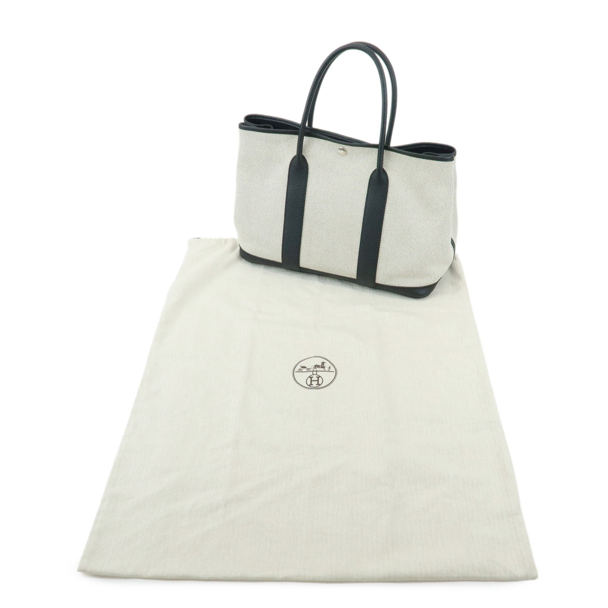 HERMES Garden Party PM Toile Twill H Tote BagT Stamped Ecru Black