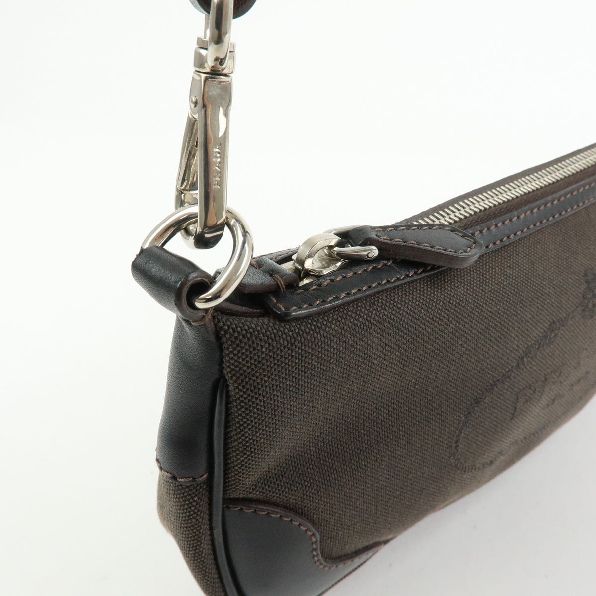 PRADA Logo Jacquard Leather Shoulder Bag Hand Bag Dark Brown