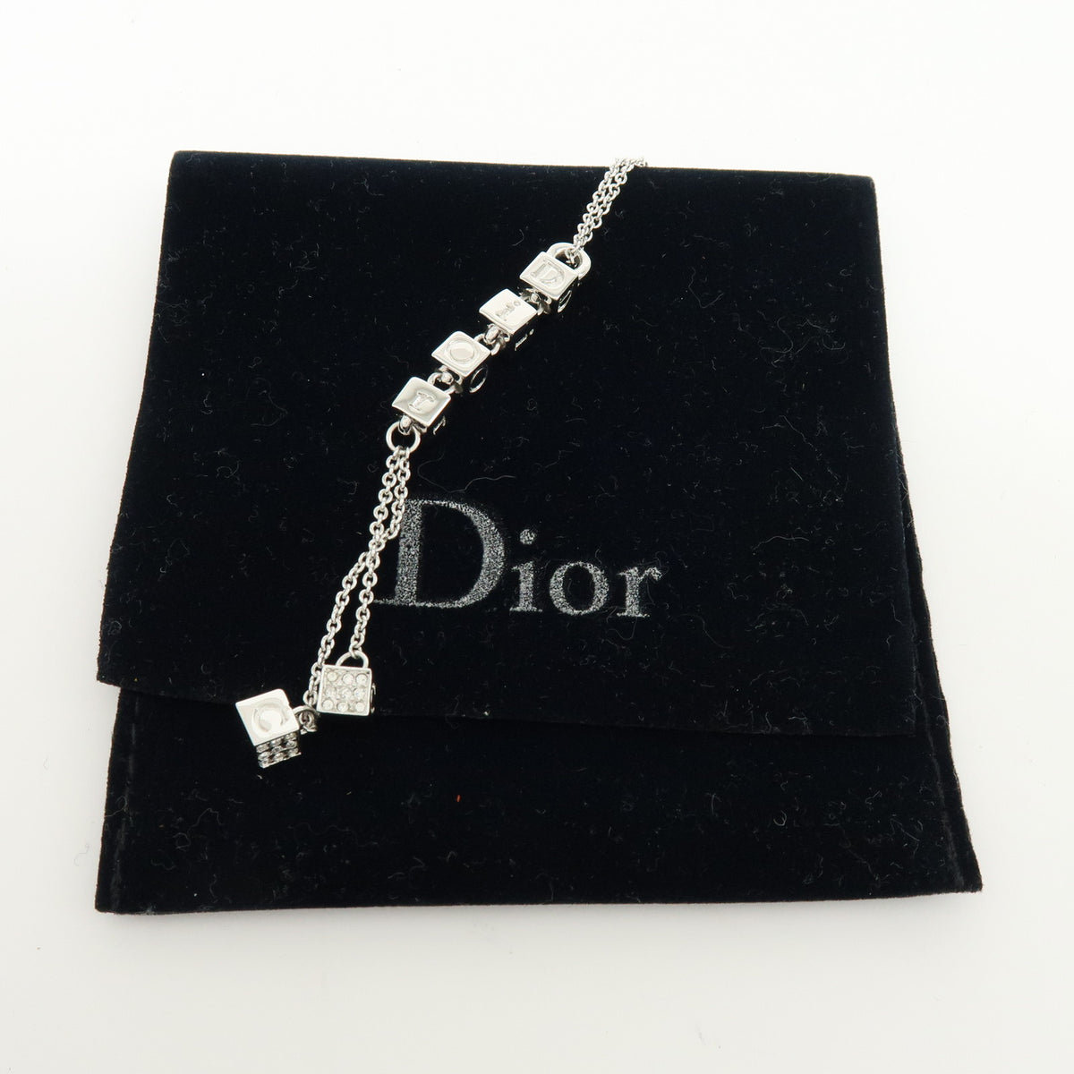 Christian Dior Metal Rhinestone Logo Cube Necklace Silver