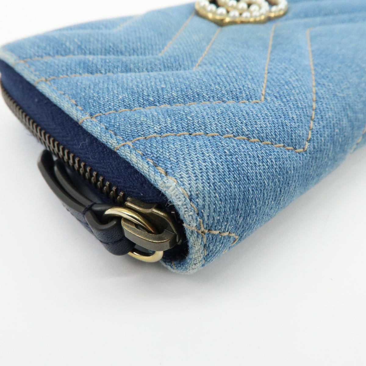 GUCCI GG Marmont Double G Denim Leather Round Zippy Wallet Blue 443123
