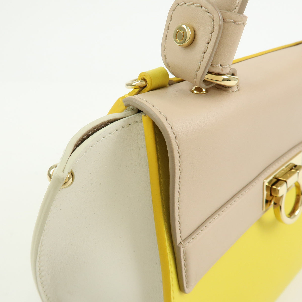 Ferragamo Gantini Leather 2Way Hand Bag Shoulder Bag Yellow Beige White