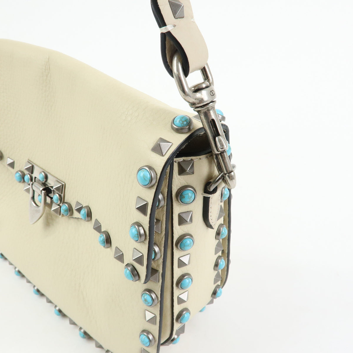 VALENTINO Rockstuds Rolling Guitar Strap Leather Shoulder Bag Ivory